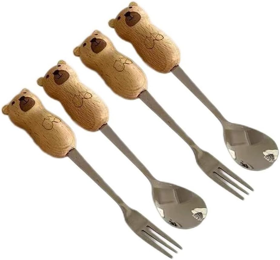 4 Pieces Cute 5.5 Inch Mini Wooden Cat and Bear Handle Design Stainless Steel Silverware Dessert Cake Coffee Fruit Spoon Fork Teaspoon (Panda,4 pieces)