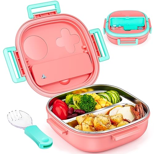 PEDECO Bento Box for Kids,Stainless Steel-2-Compartment - Complete Lunch Set with Portable Cutlery - Ideal for Children Under 3 Years Old - Dishwasher Safe & BPA-Free(Pink)