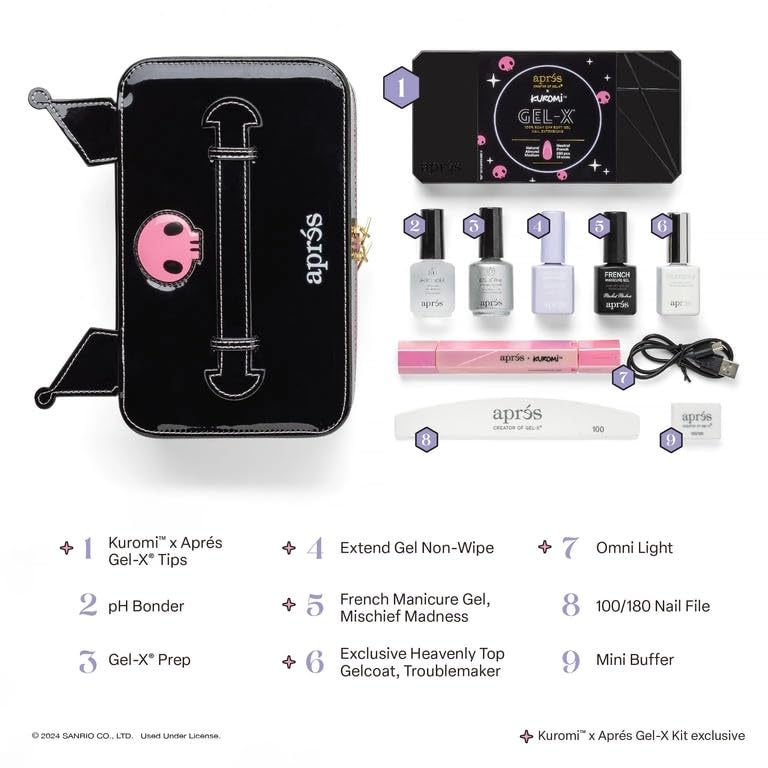 APRÉS x Kuromi™ Gel-X Nail Extension Kit w/ Neutral French Natural Almond Medium Nail Tips, Extend Gel, Bonder, Gel-X Prep, Sanrio Omni Light