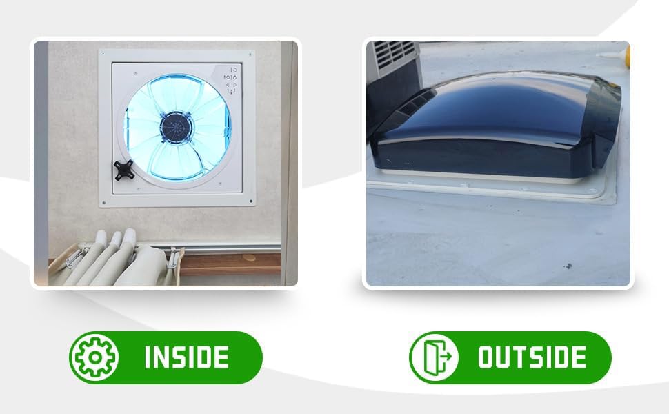 Build-in Rain Shield RV Roof Fan Vent 10-speed 12V 14'' Reversible Manual Open with Tail