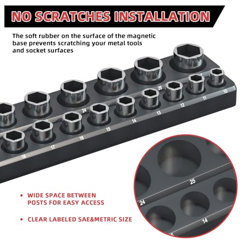 Image of Magnetic Socket Organizer Holder Set - 3-Piece Tool Organizers Including 1 /4 inch, 3 /8 inch and 1 /2 inch Drive Socket Holder Metric 68 Pieces Socket Trays (Sockets are not Included) Black