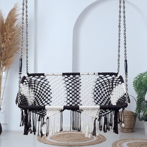 JULJULIA 2 Seater - Premium Hammock Swing Hanging Rectangle Shape Swing for Adults & Kids | Sturdy Cotton Indoor/Outdoor Jula for Balcony - Brown & White(Pack of 1)