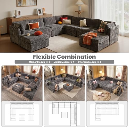 Image of ovios Modular Sectional Sofa Couch with U-Shape Chaise Ottomans, Comfy Plush Corduroy Cloud Couches, Modern Luxury Deep Seat Sofas Set for Living Room, 9-Seater, Grey