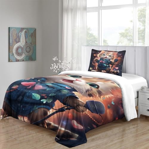 Housse de couette chat qui chante 3D parure de lit 135x200 cm
