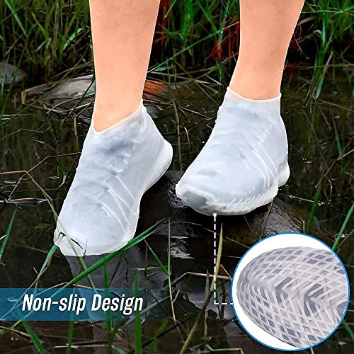 Image of (1 Pairs Rain Shoe Covers- Waterproof Sand Control Non-Slip Overshoes Covers Women Men Kids Outdoor Foldable Reusable PVC Rubber Sole Medium Top Reusable Shoe Covers, (Large, White)