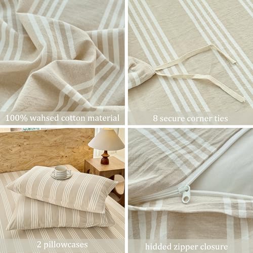 BESTDESIL Striped Duvet Cover Set 100% Washed Cotton Linen Like Super Soft Chic Bedding Set 3 Pcs Linen-White Full — view 5