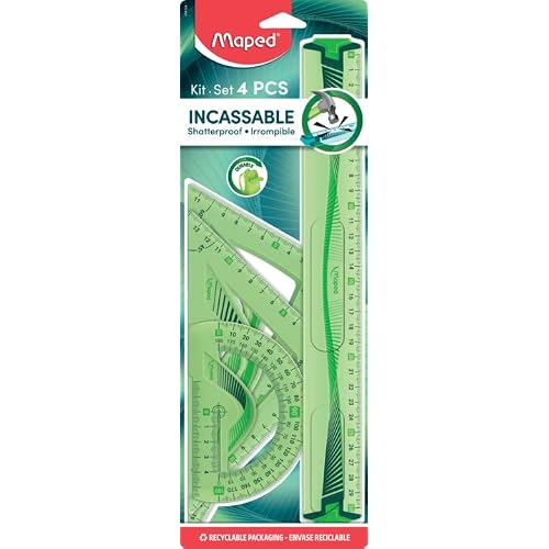 Maped Maxi Kit de Traçage INCASSABLE avec 4 Pièces Règle 30cm, Rapporteur 180°/12cm, Equerre 60°/21cm, Equerre 45°/21cm - Coloris Aléatoire Bleu ou Vert