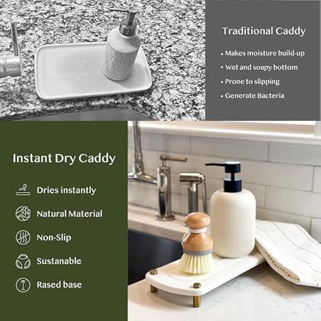 2PCS Instant Dry Sink Caddy Organizer, Fast Drying Sponge and Soap Dispenser Holder for Kitchen and Bathroom Countertop, Stainless Steel Feet, and Non Slip Bottom Pure White