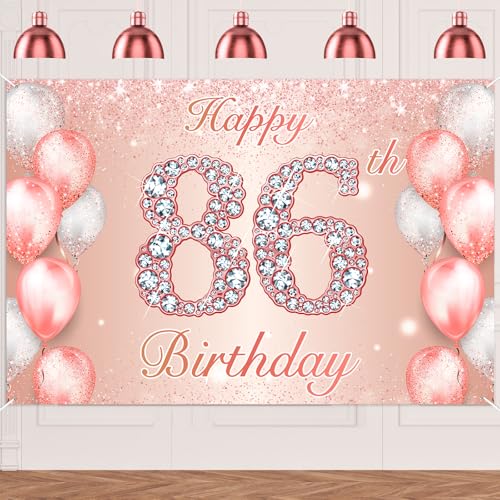 Image of Happy 86th Birthday Rose Gold Banner Cheers to 86 Years Old Backdrop Confetti Balloons Theme Decor for Women 86 Years Old Pink Birthday Party Decorations Bday Supplies Background Favors Gift Glitter