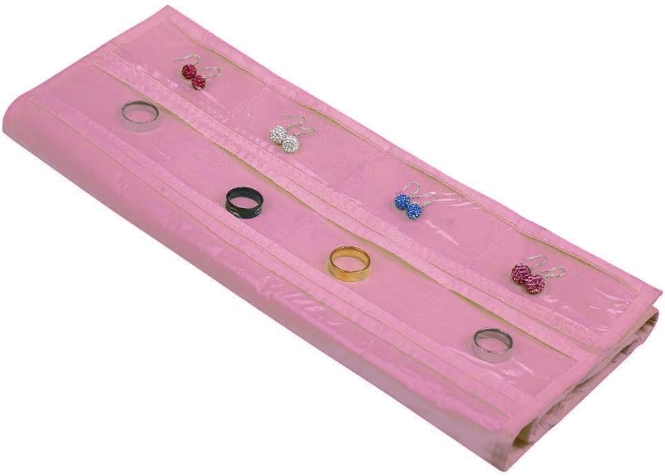 Image of Earring Organizer for Women | Hanging Jewellery Organiser with 48 Double-Sided Transparent Pockets | Earrings Holder, Necklace, Bangle Organizer | Jewelry Storage Organizer for Wardrobe Closet (Pink)