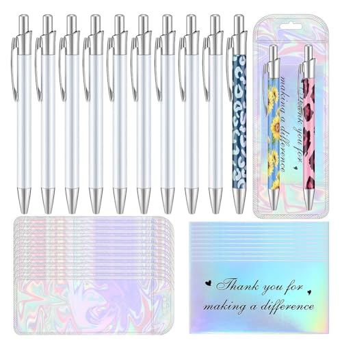 Corghd Juego de 30 bolígrafos de sublimación con bolsa resellable y tarjeta de agradecimiento holográfica, suministros de papelería para la oficina y la escuela