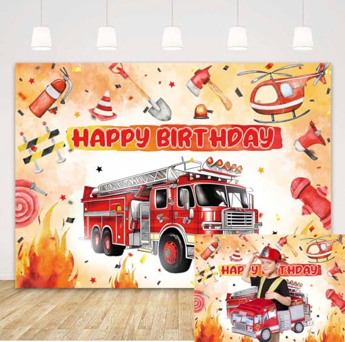 Toile de fond « Happy Birthday » pour photographie sur le thème du camion de pompiers pour enfants, garçons, enfants, fête prénatale, camion de pompiers,...