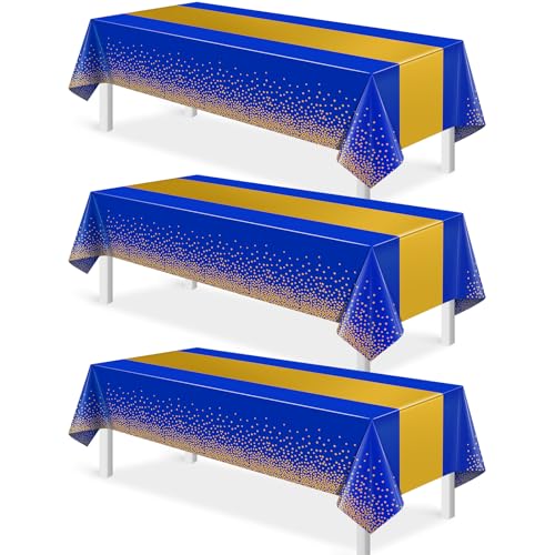 Image of 3Pcs Blue and Gold Tablecloth Party Decorations,Plastic Royal Blue Table Cloth Printed Gold Tables Runner Disposable Rectangle Table Cover for Birthday Anniversary Wedding Graduation Party,54 x108Inch