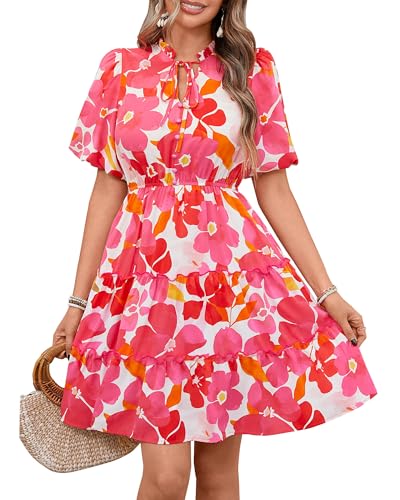 Image of BTFBM Women Summer Floral Short Dresses V Neck Short Sleeve Tiered Ruffle Boho Swing Dress A-Line Mini Dresses