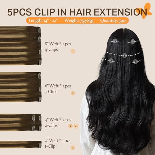 Image of DOORES Clip in Hair Extensions, 5pcs 75g Balayage Chocolate Brown to Caramel Blonde 14 Inch Real Human Hair Extensions Clip in Natural Straight Hair Extensions