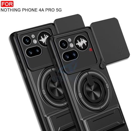 Image of AESTMO Nothing Phone 4A Pro 5G Back Cover | Armor Camera Slider 360 Degree Rotating Finger Ring Holder Case with Bracket Stand & Camera Protection Back Case Cover for Nothing Phone 4A Pro 5G (Black)