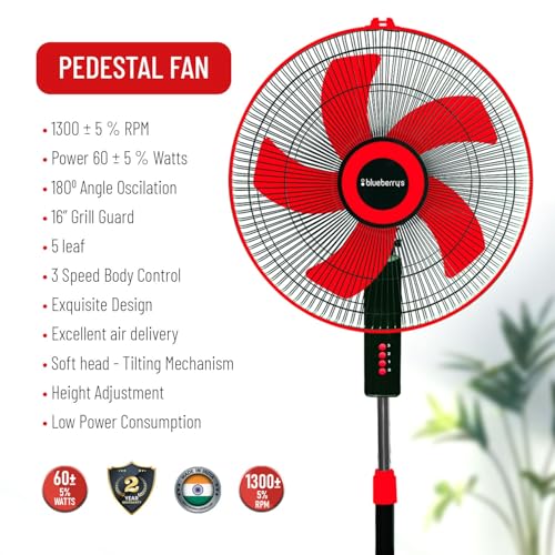 Image of Blueberry's 5 Blade Pedestal Fan High Speed for Home | 3 Adjustable Fan Speeds | 1300 RPM Motor | 2 Year Warranty