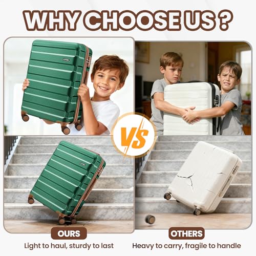 Image of Hoteel Luggage Sets 3 Piece, 4-Year Warranty, Carry-On Luggage with Dual-Spinner Wheels, ABS Hard Shell Suitcase with TSA Locks, 20 Inch Lightweight Luggages for Travel, Dark Green(20IN /DB /TB)