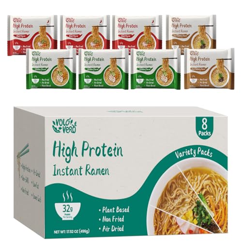 Image of VOLO VERO High Protein (32g) Instant Ramen Variety Packaged Noodles Soup, Chicken, inchSpicy inch Beef, Pork Tonkotsu, Plant-Based, Air-Dried, Non-Fried, Low Carb, Egg-Free, Dairy Free Healthy Meal, 8 Packs