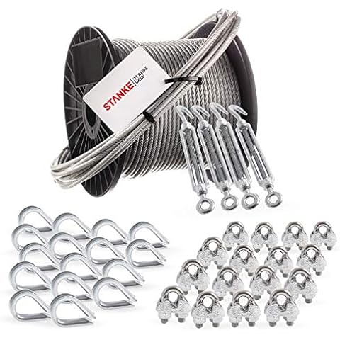 Seilwerk STANKE Rankhilfe PVC Drahtseil ummantelt verzinkt 20m Stahlseil 4mm 6x7, 4x Spannschloss M6 Haken+Öse, 16x Kausche, 16x Bügelformklemme - SET 6 Cover