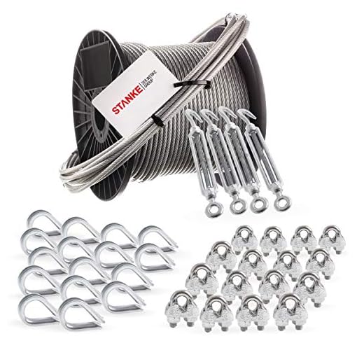 Seilwerk STANKE Rankhilfe PVC Drahtseil ummantelt verzinkt 10m Stahlseil 4mm 6x7, 4x Spannschloss M6 Haken+Öse, 16x Kausche, 16x Bügelformklemme - SET 6