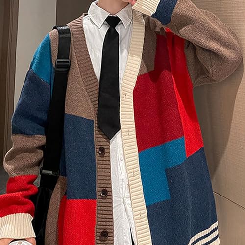 Men's Color Block V Neck Outdoor Sweater Cardigan Stylish Knitted Sweater Button Up Loose Fit Sweaters3