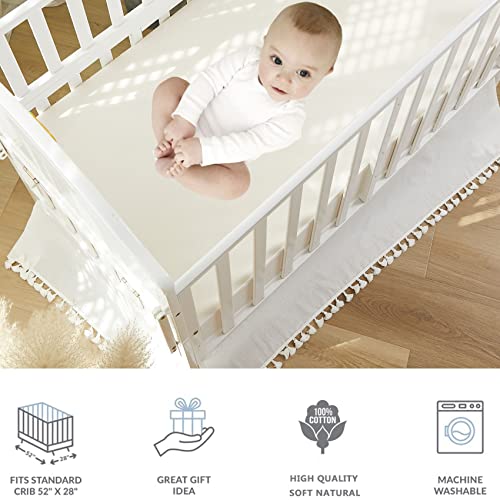 Image of Brandream Gender Neutral Boho Bohemian Baby Girl Boy Nursery Crib Bedding Set 3 Pieces Solid White Farmhouse Chic Unisex Minimalist Tassel Fringe Macrame Cozy 100% Washed Cotton