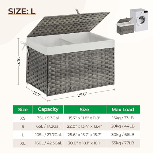 GREENSTELL Storage Basket with Lid, 27.7 Gallon(105L) Lagre Wicker Blanket Storage Basket with Handles, Foldable, 2 Removable Liner Bags, Metal Frame, for Bedroom, Laundry Room, Grey,25.6"*15.7"*15.7"