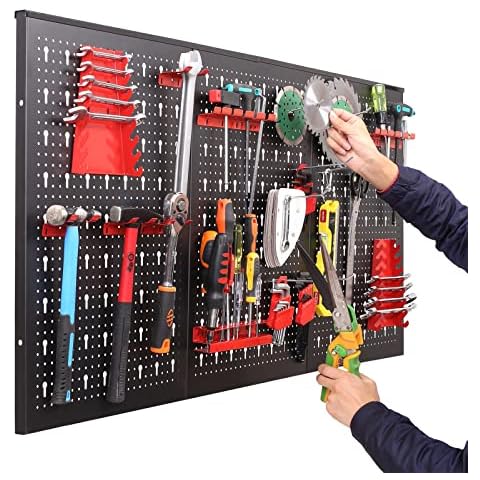 Werkzeugwand aus Metall, 120 x 60 x 2 cm Dreiteilige Lochwand Werkstatt, Erweiterbar Werkzeuglochwand mit 17tlg Haken und Halterungen, Werkzeug Wand für Werkstätten Cover