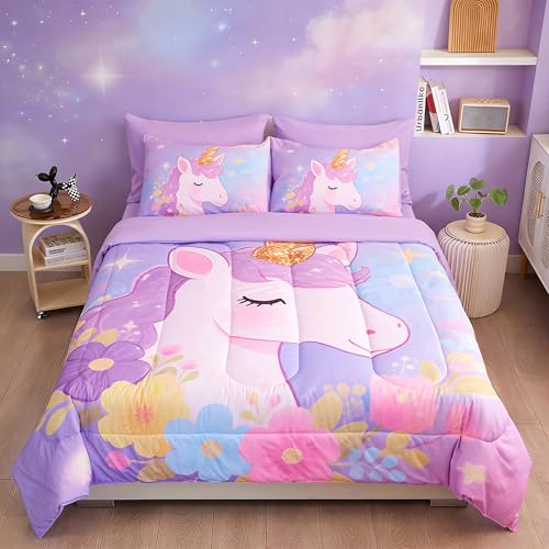 Image of Purple Unicorn Bedding Queen 7-Piece Comforter Set for Girls, Super Soft Microfiber Bed Set Bed in a Bag with Comforter Sheets Pillowcase & Sham (Purple Unicorn - No Text, 7 Piece Queen Size