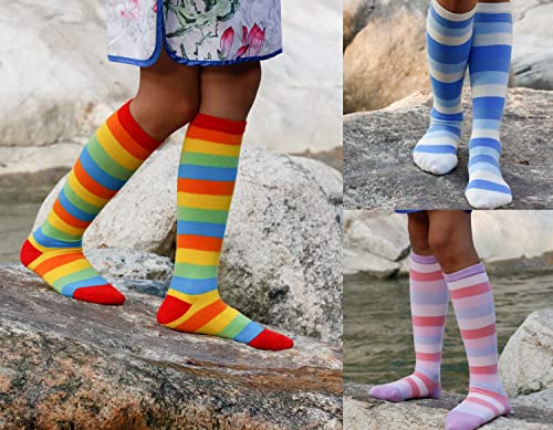 Hzcojulo Girls Knee High Socks Kids Toddler Colorful Stripe Leg Cotton Long Uniform Dress Stocking Socks -3 Pair Pack2
