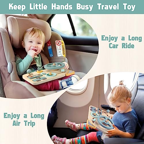 Montessori Busy Board Toy for Toddlers, Car Wooden Sensory Board Educational Toys with 10 Fine Activity Motor Skills, Driving Scene Travel Toys for Toddlers Boys and Girls