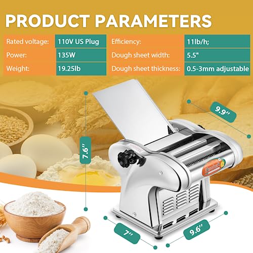 Newhai Electric Pasta Maker Family Noodle Making Machine Dough Roller 2.5mm Spaghetti 4mm Wide Noodle 9mm Fettuccine Cutter 110V US Stainless Steel for Home Use