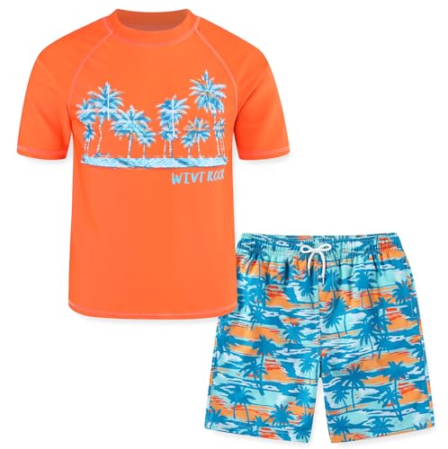 Boys Rash Guard Swim Set with Swim Trunks Bathing Suit Short Sleeve Swim Shirt Quick Dry Swimsuit Kids Swimwear Orange Palm Tree (Size 8)
