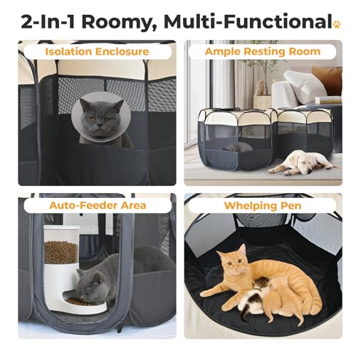 Image of EighteenTek 2-in-1 Pop Up Cat Playpen, Assembly-Free Dog Puppy Pet Playpen, Indoor Outdoor Cats Enclosed, Cat Tent House Crate Cage, Portable & Foldable Playpen for Kittens(No Divider, Unified Space)