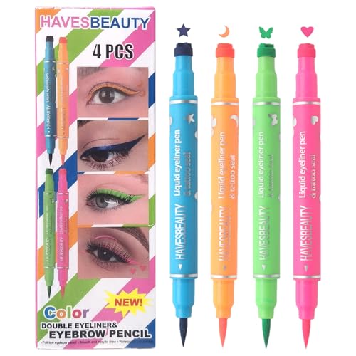 Eye Makeup Pencil, Eyeliner Stamp Pen, Double-Head 4 Color Design, Smudge-Proof & Quick-Dry Ink, Party Look with Star Moon Heart Stencils, 4ml Each, Multicolor, 1 Set
