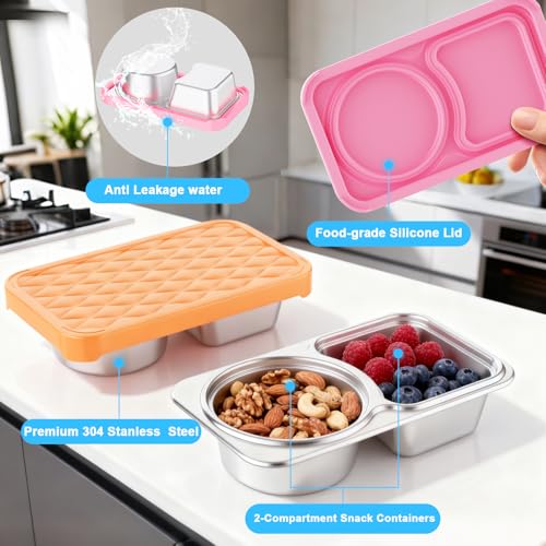 Image of Stainless Steel Snack Containers, 2 Compartment Leak-Proof Snack Containers with Sillicone Lids, Reusable small Food Storage Containers for School,Travel, Outdoor, Camping,office (2)
