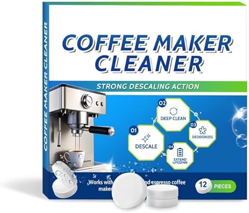 Limpiador para cafetera, paquete de 12 tabletas limpiadoras de café para máquinas de espresso, descalcificación y limpieza profunda de tuberías