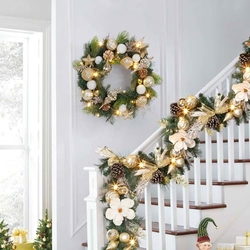 Prelit 6 Ft Christmas Garland with Lights - Battery Operated, Waterproof, Lighted for Mantle, Stairs, Table - White & Gold