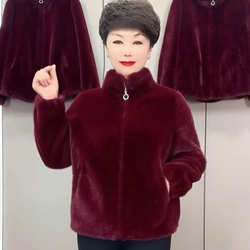 Plush Faux Fur Winter Coat, High Neck, Black, Zip Front Closure3