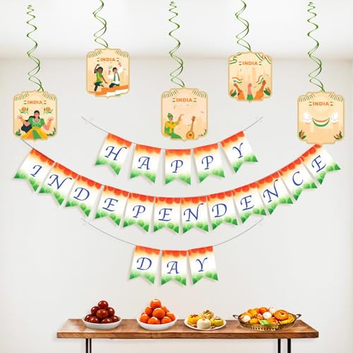 Image of Party Propz Happy Independence Day Decoration Items - 6 Pcs, 2 in 1 Independence Day Banner & Republic Day Reversible Banner with Swirl Hangings, 15 August Decoration Items (Cardstock)