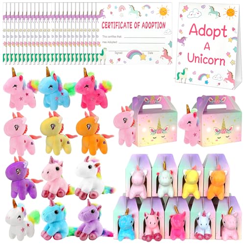 37 Pcs Adopt A Unicorn Party Favors Include 12 Mini Unicorns Stuffed Animals 12 Foldable Paper Boxes 12 Adoption Cards 1 Adoption Signs Mini Stuffed Animals Bulk for Adopt A Unicorn Animal Favors