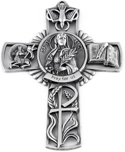 Cruz de pared católica de Santa Lucía de peltre con oración por nosotros, 5 pulgadas