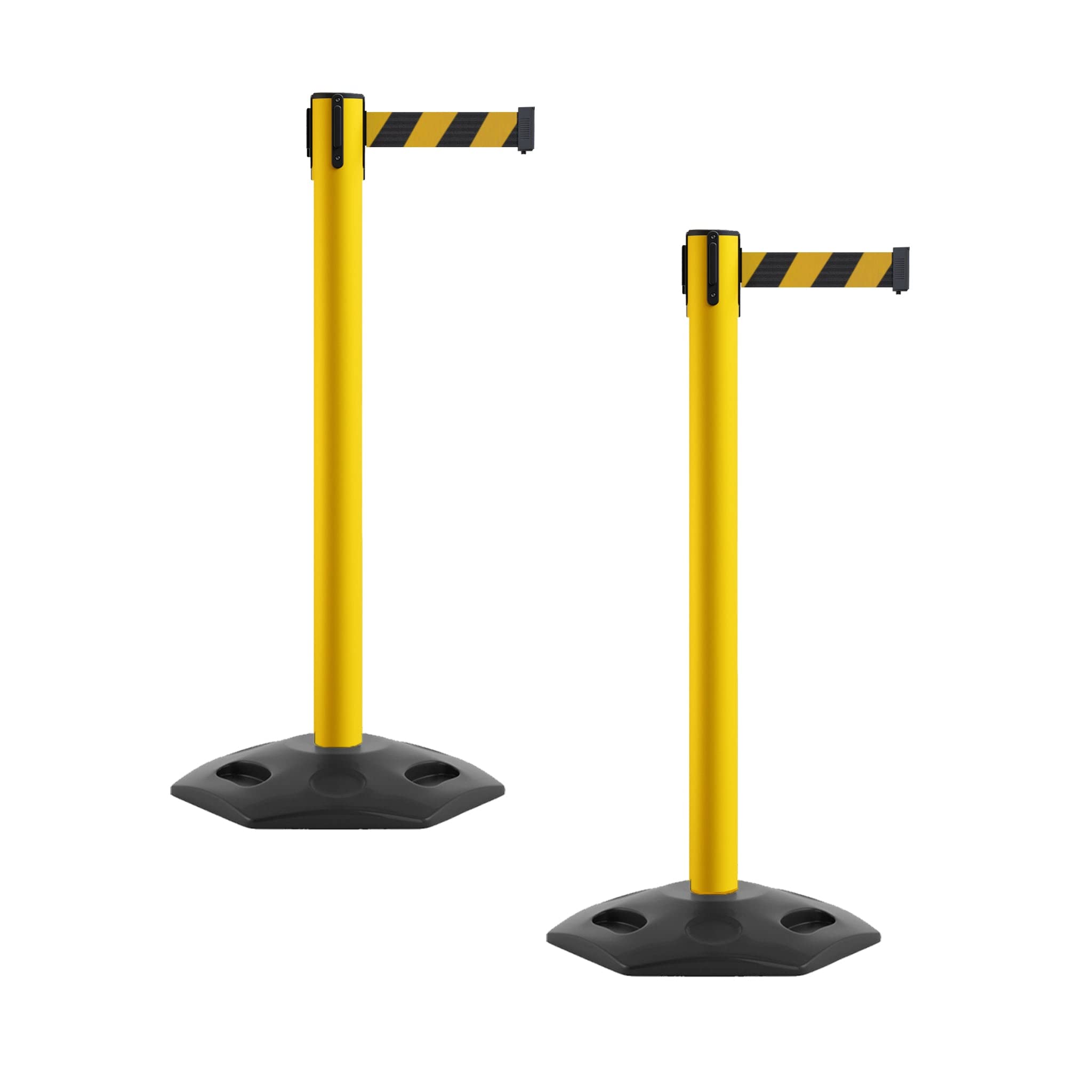 Montour Line MSR650 Set of 2 Retractable Belt Barrier Stanchion, Heavy-Duty Rubber Base, Yellow Steel Post (16 ft Black and Yellow Diagonal Belt)