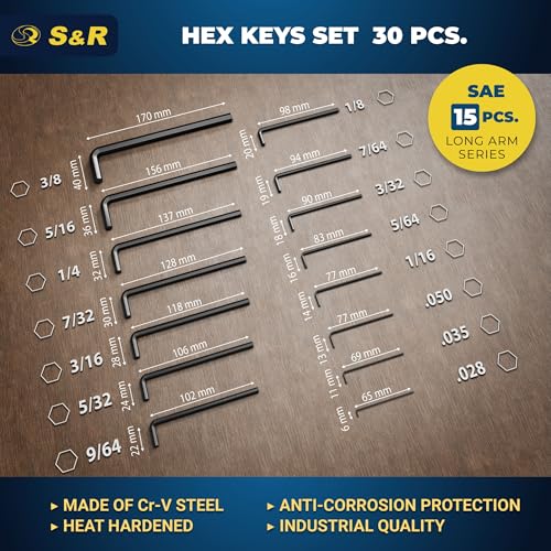 S&R Hexagonal Key Set (30 pcs.) Metric & Imperial - 0.7-10 mm & 0.028 to 3/8 inch, Allen hex Keys in Plastic Box, Short and Long