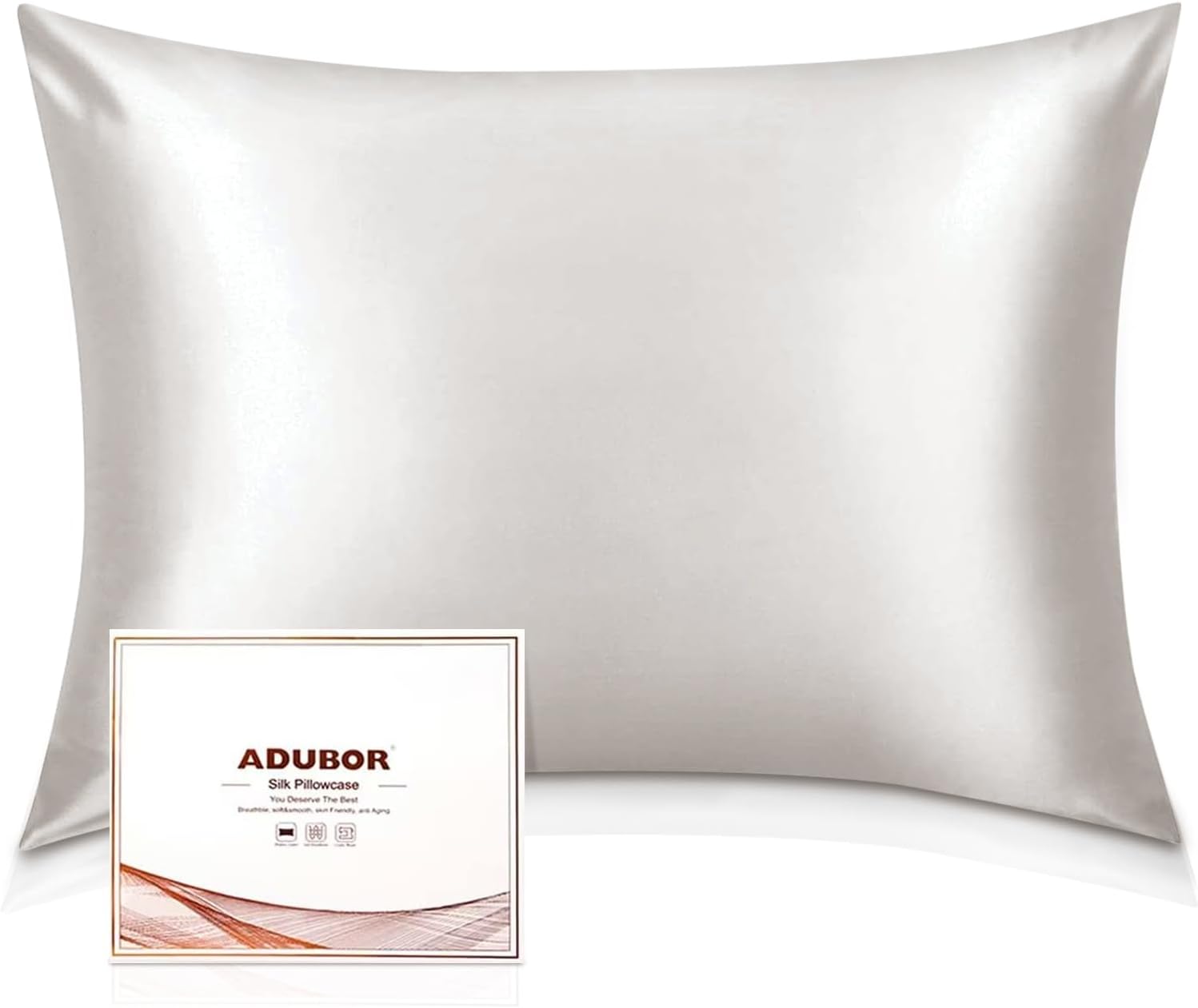 Product image of Adubor Silk Pillow Case - Mulberry Silk Pillowcase, 23 Momme 6A Grade Fibers, 900 Thread Count, Silk Pillow Cases for Hair and Skin Health, with Hidden Zipper (Standard 20''×26'', Lvory White, 1PC)
