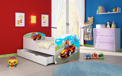Cama infantil Clamaro Traumland, con protector anticaída (34 estampados y elección de nombre), 70 x 140 o 80 x 160, incluye colchón, somier, estructura (cajones con ruedas), sin cantos ni bordes afilados gracias a sus protectores, laterales regulables 03 Racing Car Talla:80x160 cm (mit Bettkasten)