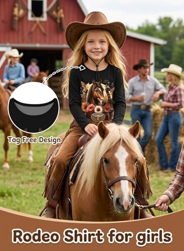 Image of Girls Western Horse T-Shirts - Cute Cowgirl Outfit Kids Short Sleeve Shirts Funny Tops Rodeo Toddler Summer Tee