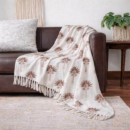 Image of Hand Block Printed Cotton Jute Sofa Throw Blanket 50x70 Inches Soft Lightweight Decorative Couch Coverlet with Tassels Boho Living Room & Bed Cover (Palm Tree Design, Off White & Brown)