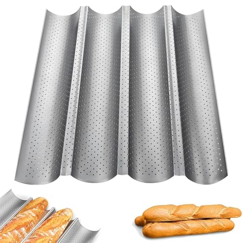 4 Wave Slots Baguette Baking Tray, 15 x 13 inch Bread Baking Tray, Nonstick Perforated French Stick Loaf Bake Molds Pan, Baguettes Grooves for Loaves Toast Cooking Baker Molding Gutter Oven Toaster